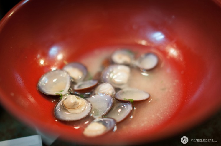 Baby clams at the bottom of our miso soup.