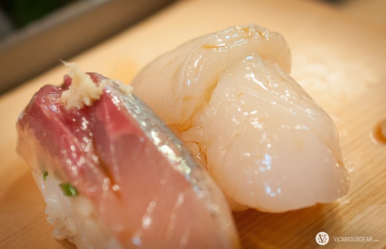 Horse mackerel (aji) next to scallop (hotate).