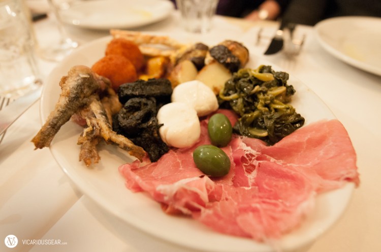 Chef's featured appetizer platter to start the evening. Notable items were the squid ink calamari, fried smelt and saffron/chile arancini.