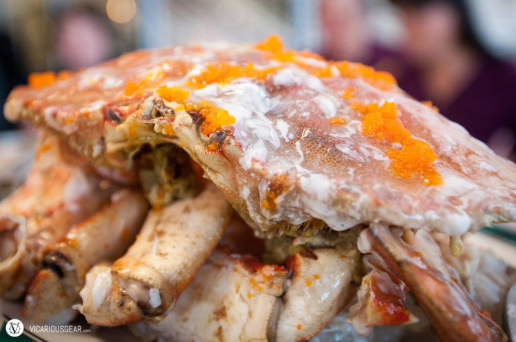 Dungeness crab head and claws covered in tobiko from the crab rice baked in a lotus leaf. The crab is so sweet and tender and the rice just soaks in all the flavors.