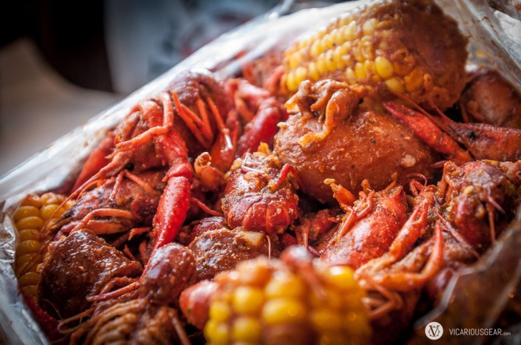 10lbs of crawfish, 1lb of sausage, potatoes and corn marinated in the Whole Sha-bang. Delicious.