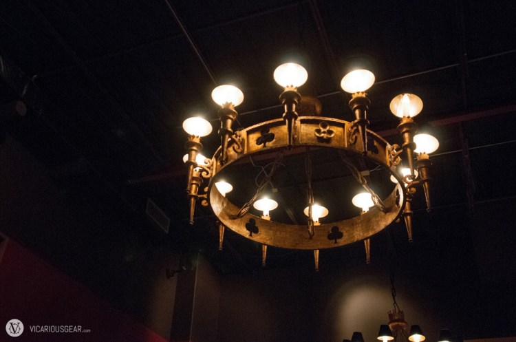 One of the awesome looking chandeliers in the "wine room" where we were seated. Not so awesome for ambient light photos. :(