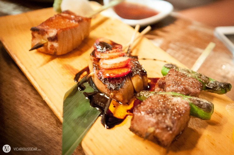 Yakitori, from the bottom up: 1 - Kuroge beef and shishito peppers. 2 - Foie Gras with strawberry and some sort of balsamic. 3 - Seared tuna.
