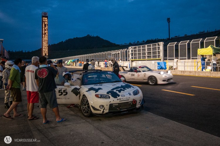 Some of the teams got more aggressive as night fell. This Miata nearly took out some of his crew while coming in for a pit stop.
