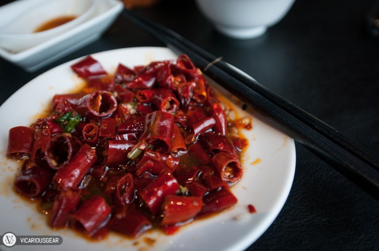 Chili remnants from the beef dish.