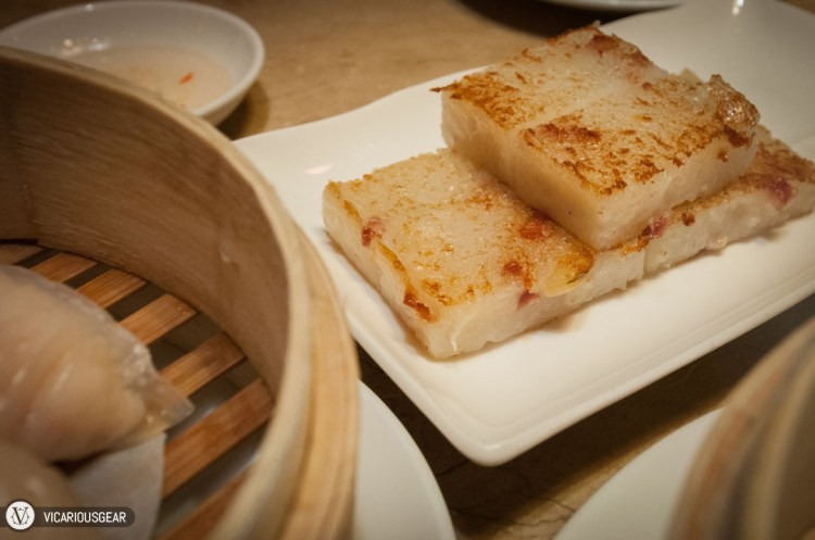 Fried turnip cake (Lo baak gou / 蘿蔔糕). Lightly pan fried without being burnt to a crisp.