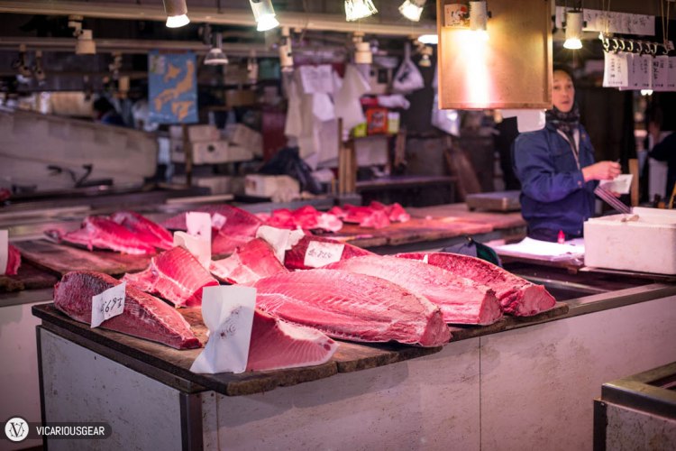 Huge slabs of the tuna purchased at auction earlier in the morning were laid out on display.
