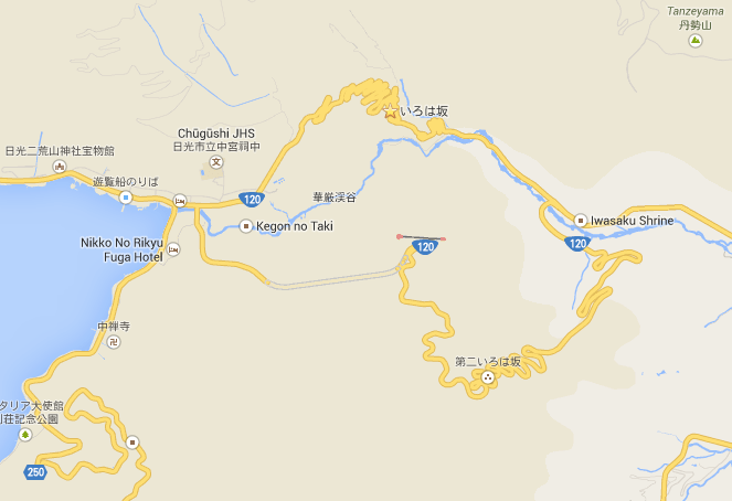 A map of the area showing the curvy uphill and the separate downhill that is jam-packed with hairpin turns. The star denotes the starting location in the anime.